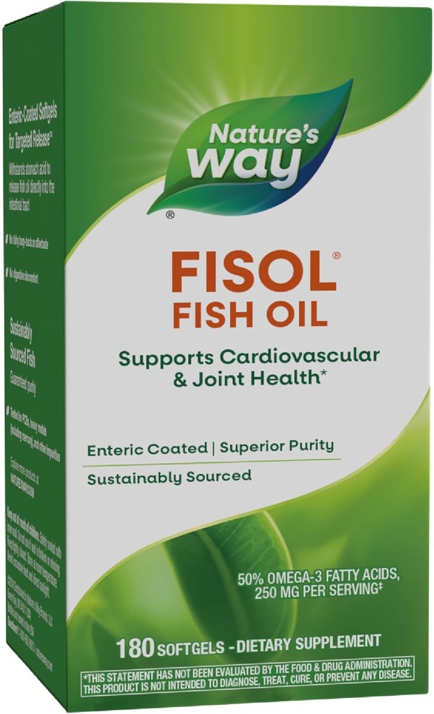 Nature's Way Fisol Fish Oil, Enteric 코팅, 지원 심혈관 및 관절 건강 *, Mega Potency Omega-3s, 180 Softgels (포장 할 수있다 배)