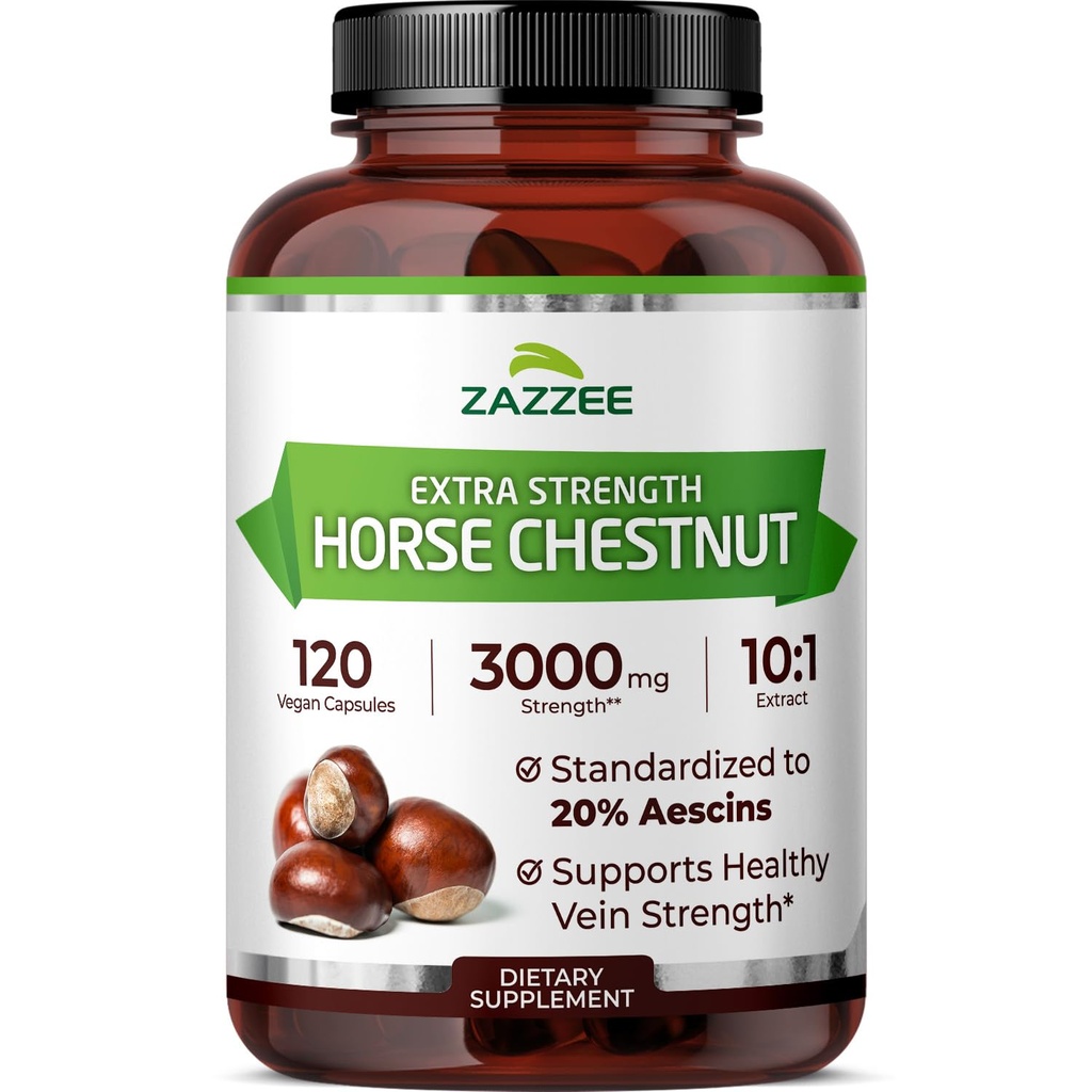 Zazzee 여분 힘 말 Chestnut 10:1 추출물, 3000 mg 힘, 20% Aescins, 4 달 공급, 120 Vegan 캡슐, 집중하고 표준화한 10X 추출물, 미국에서 만드는 전염성, 비 GMO