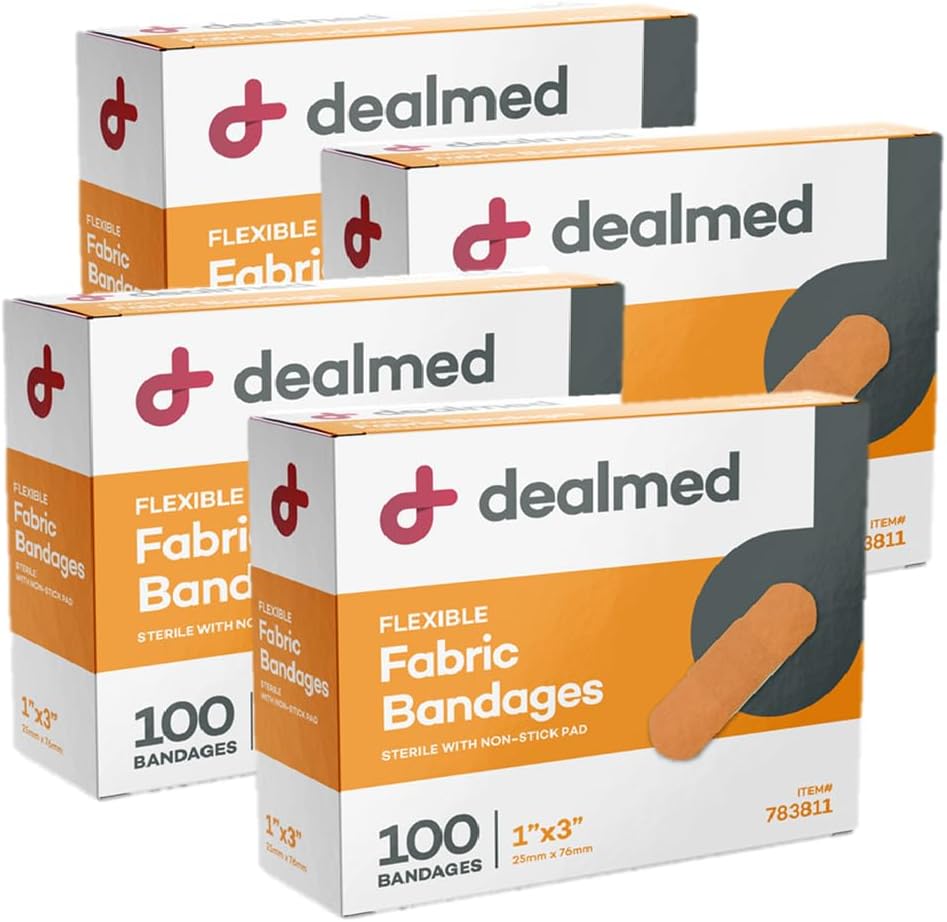 Dealmed Sterile 유연한 직물 접착제 붕대 - 1x3 인치 - 100 / 박스 - 4 박스 - Breathable 응급 처치 스트립 팩 - 의료, 응급 키트 및 클리닉을위한 부드러운 스트레치 상처 패치