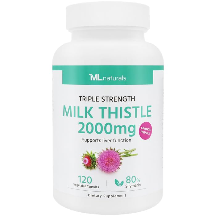 ML Naturals Triple Strength Milk Thistle 2000 mg (High Dosage & Potency Silymarin 192 mg), 120 식물성 캡슐 (4 개월 공급). 지원 Liver 건강, NSF 인증 및 cGMP 준수