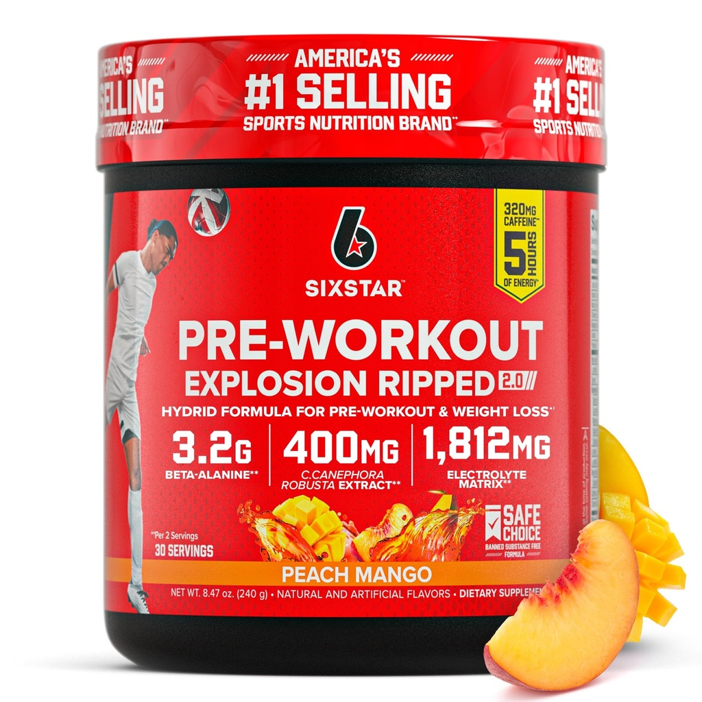 6 Star Pre-Workout 폭발, 복숭아 망고 (30 서빙) - 남성 및 여성을위한 Preworkout 에너지 분말 보충 - Creatine & Beta Alanine과 사전 운동 음료 혼합 - 스포츠 영양 제품