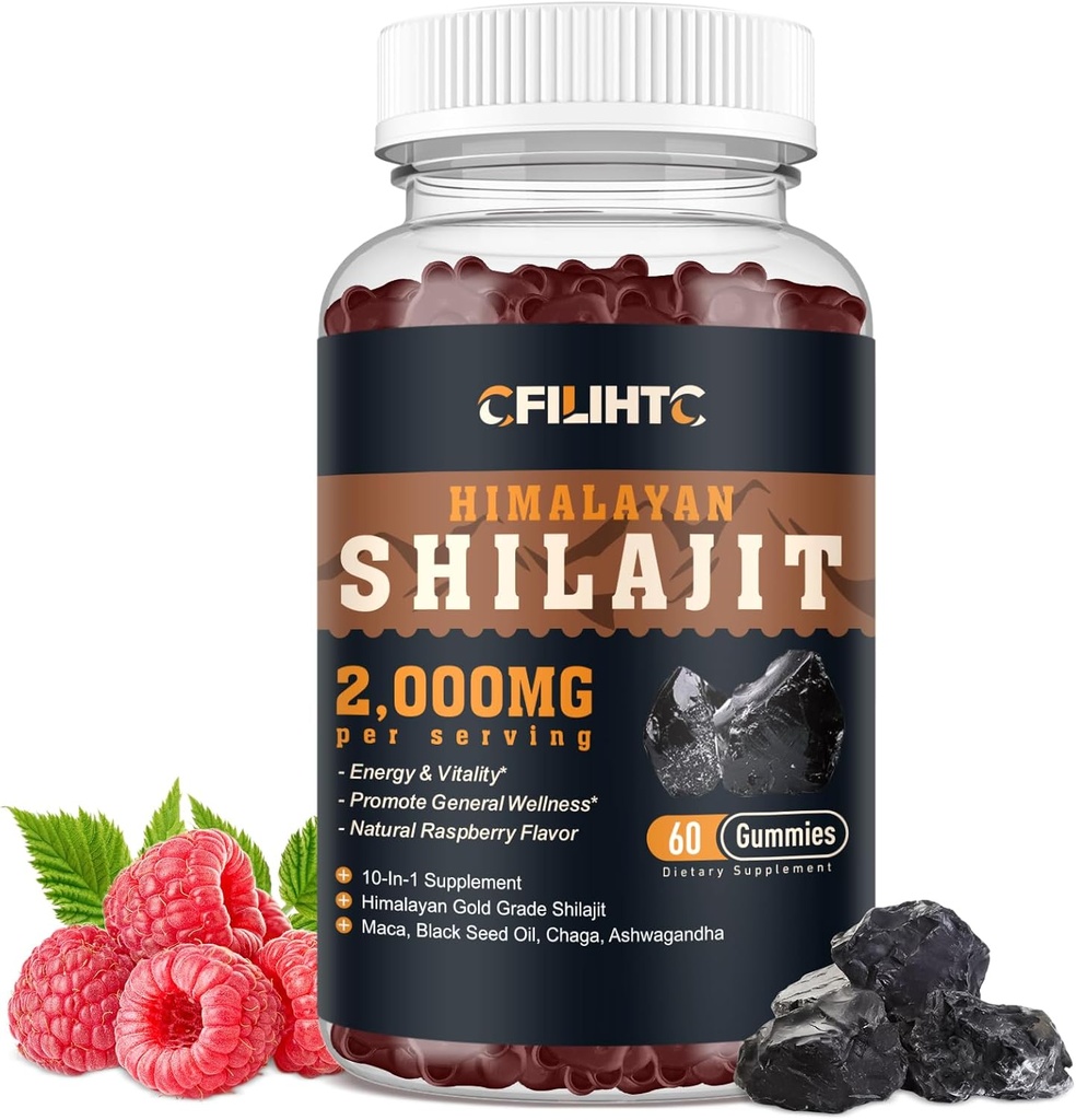 Shilajit Gummies 2000mg - Men & Women 85 + Trace Minerals Shilajit Resin에 대한 Shilajit Pure Himalayan Organic, Maca, Black Seed Oil - Energy, Brain, Immunity, Sugar Free Raspberry 60ct
