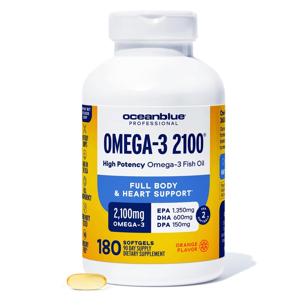 Oceanblue 전문가 오메가-3 2100 – 180ct – 세 배 힘 Burpless 물고기 기름 보충 높은 순수성 EPA, DHA, DPA – 야생 잡초 – 오렌지 풍미 (90 서빙)