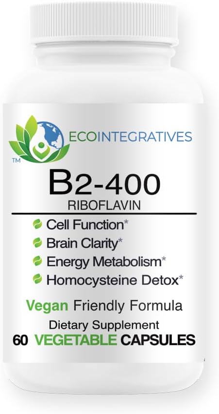 B2-400 순수한 Riboflavin - 신경 시스템 건강, Homocysteine Detox, 심장 혈관, 도움 Boost 에너지, 정신 Clarity, 대사 및 세포 기능 (60, 불완전)