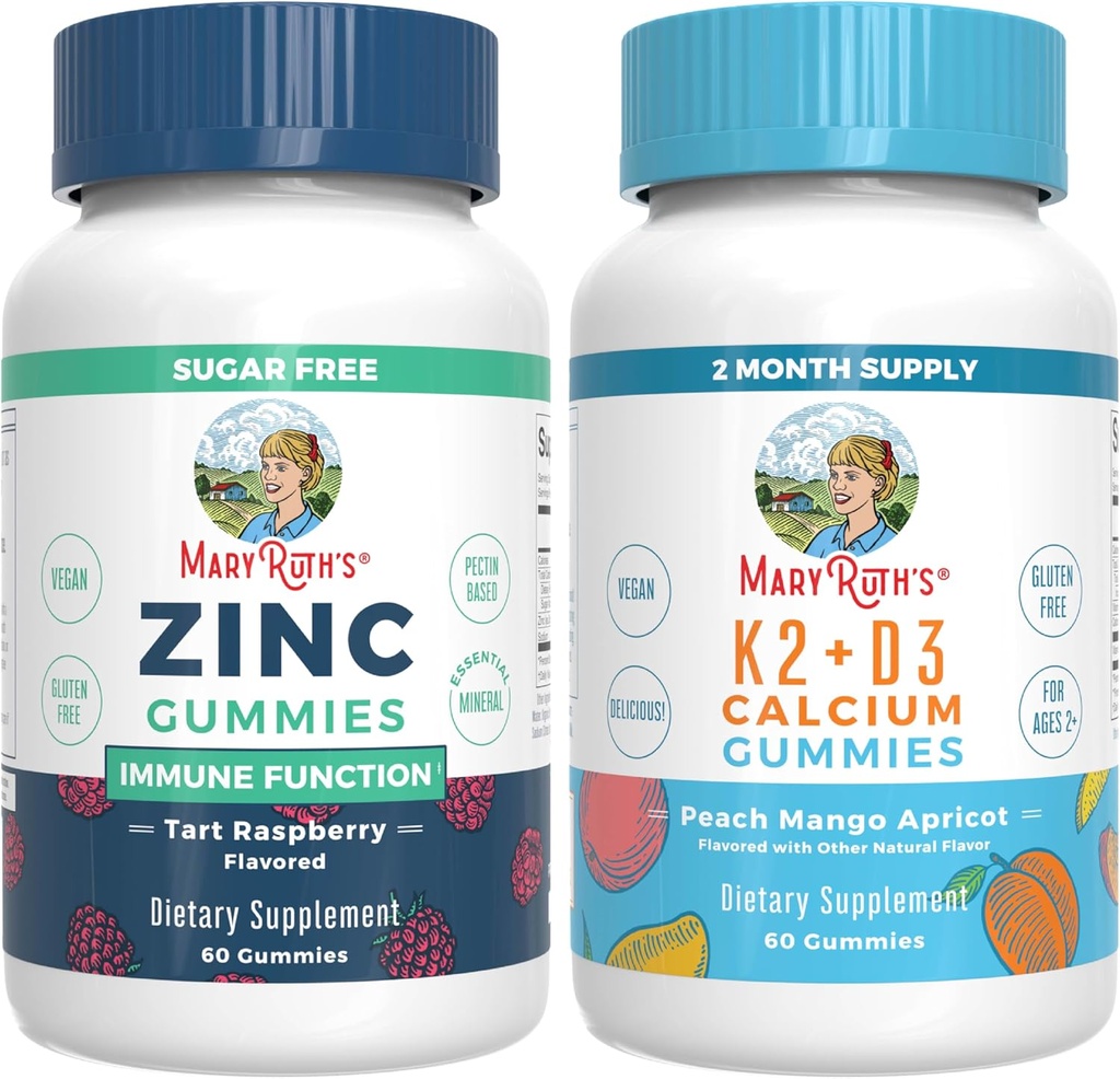 MaryRuth Organics 아연 (트 라즈베리) & 비타민 K2 + D3 칼슘 Gummies (Peach Mango & Apricot) | Clean Label Project Verified® | 면역 및 관절 및 뼈 건강 비타민 | 비건, 비 GMO