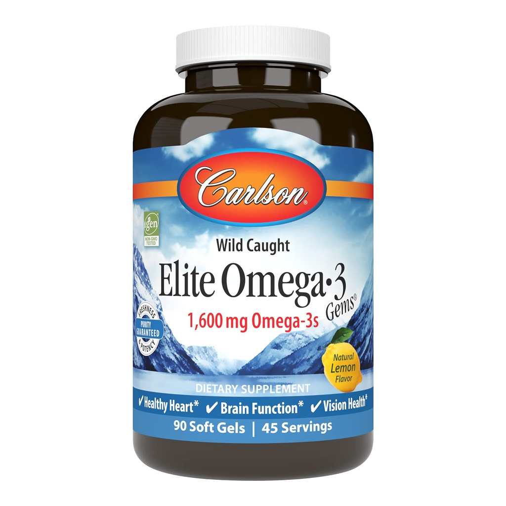 Carlson 엘리트 Omega-3 보석, EPA & DHA를 가진 1600mg Omega-3s, 야생 잡종 노르웨이어 물고기 기름, 레몬 풍미, 90 Softgels