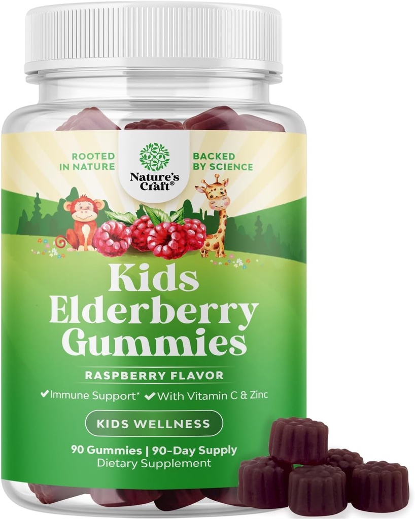 Nature Craft Sambucus Elderberry Gummies for Kids Health - 아이 면역 지원을위한 아연과 비타민 C와 맛있는 블랙 엘더베리 구미 - 젤라틴과 글루텐 무료 Non-GMO 면역 지원 90