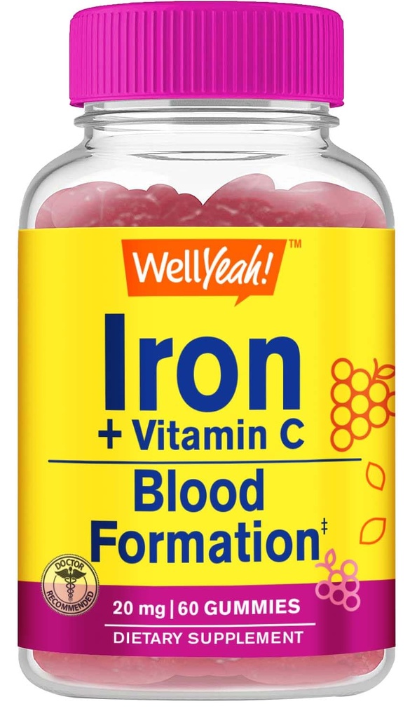 WellYeah Iron Gummies with Vitamin C -Anemia and Cellular Energy Support, Red Blood Cell Formation - 에너지 및 면역 시스템 지원 -자연 포도 맛-60 Gummies