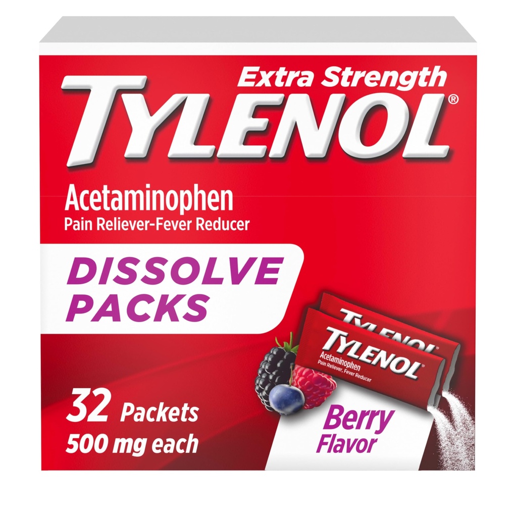 Tylenol 여분 힘은 분말 팩, 500 mg Acetaminophen 고통 Reliever & Fever 흡진기 약, Minor Aches & 고통을 위한 빠른 기복, Ibuprofen & Aspirin 자유로운, 온-고 Berry 풍미, 32 Ct를 녹입니다