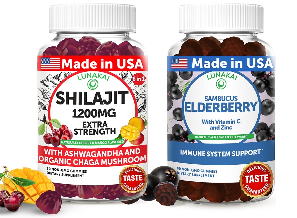 Lunakai USA Shilajit & Elderberry Gummies 번들 - 에너지 및 면역 지원 - 비 GMO 및 맛있는