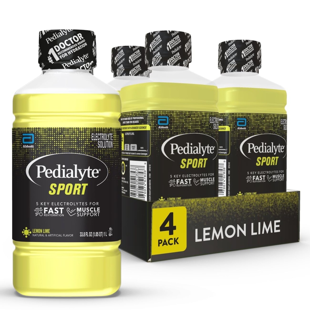 Pedialyte 스포츠 전해질 음료, 근육 지원을 위한 5개의 열쇠 Electrolytes를 가진 빠른 Hydration, 도중 & 운동 후에, 레몬 Lime, 1 리터, 4의 팩