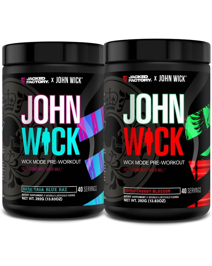 Jacked Factory X John Wick - Wick Mode Pre Workout Powder - Intense Energy, Battle-Ready Focus, Unstoppable Commitment 및 Sheer Will - Baba Yaga Blue Raz & Osaka Cherry Blossom (80 인분)