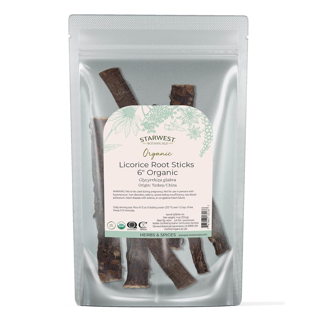 Starwest Botanicals Organic Dried Licorice Root Sticks 6" - Loose Leaf Tea Blends, Candy, & Baked Goods, Cut & Sifted, 공인 Kosher, Non-GMO - 4온스 파우치 허브