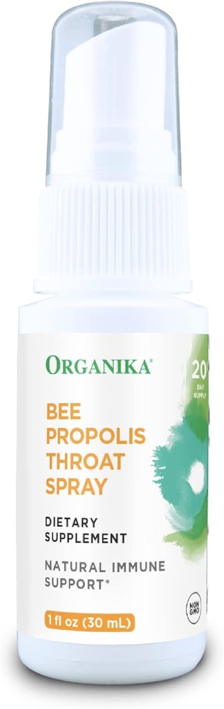 Organika Bee Propolis Throat Spray – 자연 면역 지원 및 Sore Throat Relief – 글루텐 무료, 산화 방지제 보충 - 알코올 무료 액체, 1 온스
