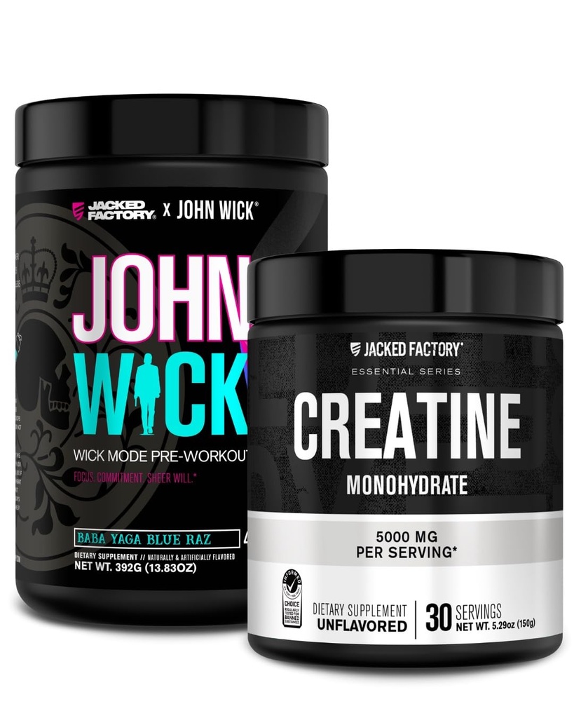 Jacked Factory X John Wick - Wick Mode Pre Workout Powder (바바 야가 블루 Raz, 40 서빙) & Creatine Monohydrate Powder (Unflavored, 30 서빙)