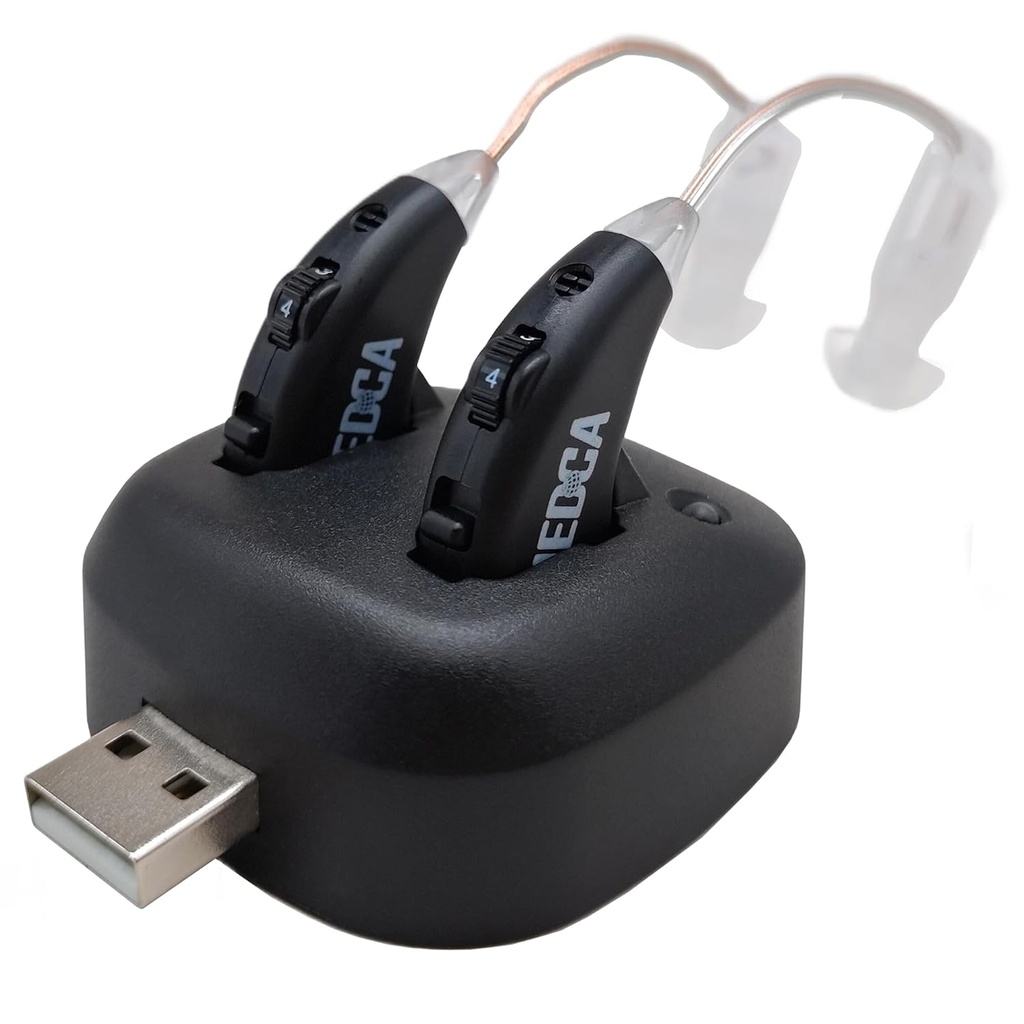 디지털 보청기 - USB 도크가있는 충전식 프리미엄 BTE 개인 사운드 앰프 쌍, 긴 Lasting 배터리 수명과 이어 보청기 장치 뒤에, 검정