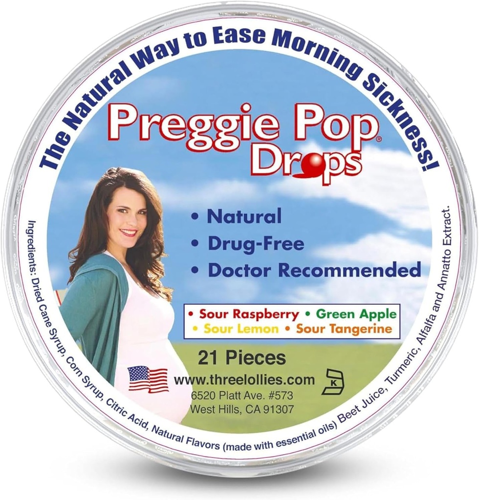 Preggie Pop Drops | 21 Drops | 임신 중의 아침 소박함 | 임산부 & 아기용 안전 | 글루텐 프리 | 네 가지 맛: 레몬, 라즈베리, 그린 애플, 탱커린