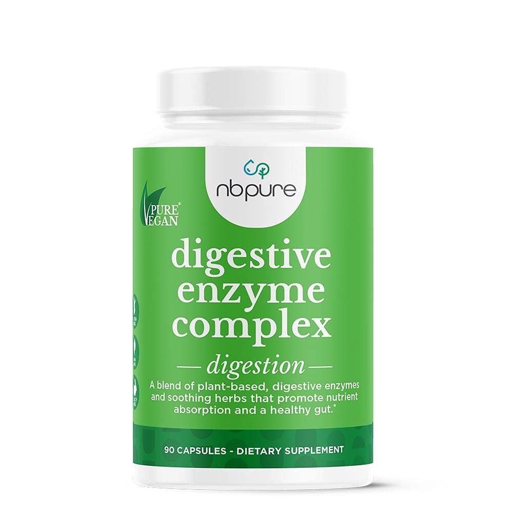 Nbpure Vegan Digestive Enzyme Complex – 여성 및 남성을위한 매일 Bloating, 가스 및 식품 소화 지원 – 12 Enzymes & 3 Herbs – Lactase, Protease, Lipase, Ginger, Cinnamon, Peppermint + More