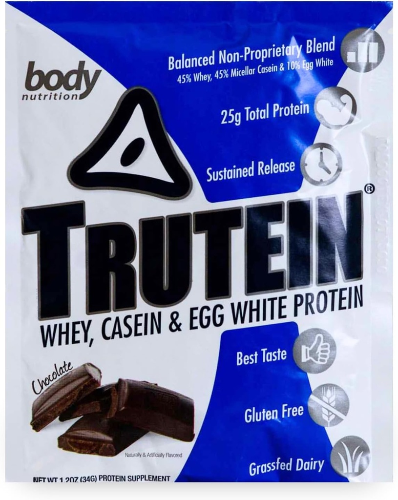 몸 영양 Trutein 높은 단백질 분말: 45% Whey, 45% Casein, 10% 계란 백색, 글루텐 자유로운, 낮은 나트륨, 잔디 페더럴 익스프레스 Whey 단백질 분말, 체육관 보충교재 & 아침 식사 Shake, 초콜렛, 34g 표본