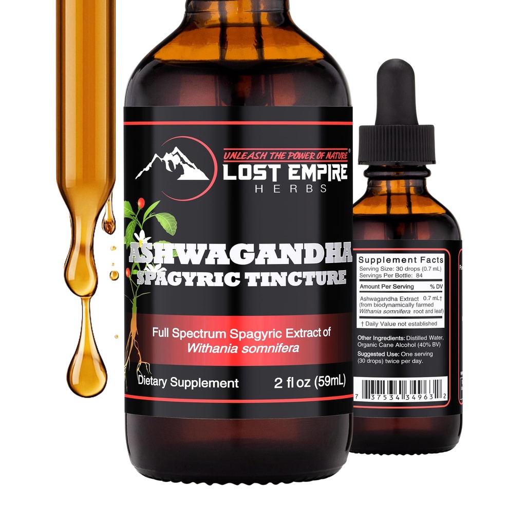 잃어버린 제국 허브 Ashwagandha Spagyric Tincture - 남성, 여성, 수면, Cortisol을위한 액체 드롭 루트 추출 - 최고의 Ashwagandha 보충 미국 Grown Organic (2 fl oz)