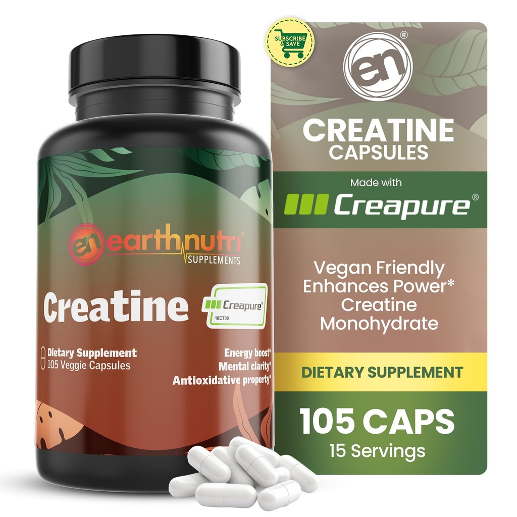 EarthNutri Creatine Monohydrate 캡슐 - 더 나은 흡수를 위해 Micronized - 지원 근육 힘, 힘 & 회복 - 105 캡슐 (포장 당 5000mg, 7 캡슐)