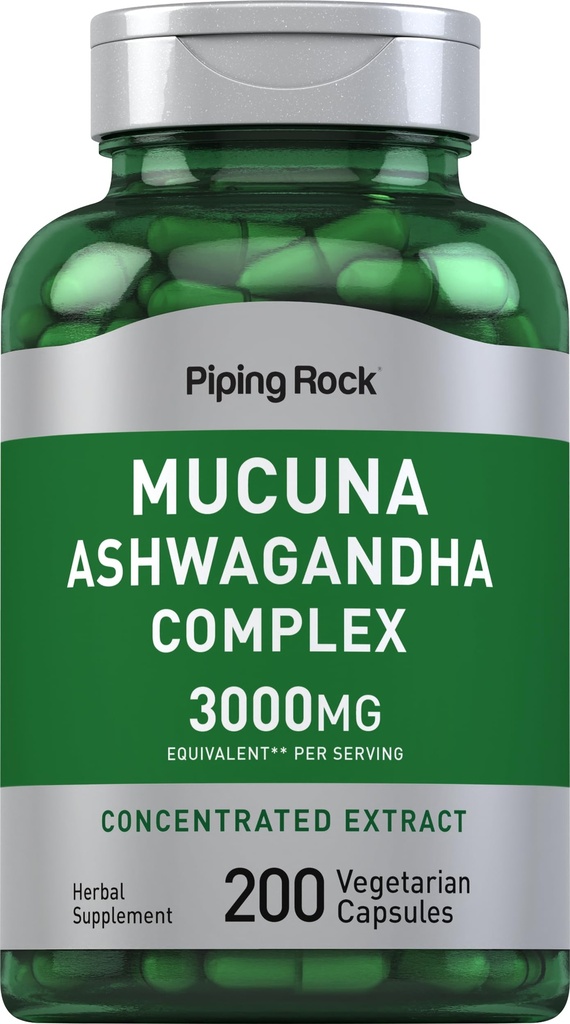 Piping Rock Mucuna Ashwagandha 3000mg | 200 캡슐 | 여성용 복합 추출물 보충 | 채식주의, 비 GMO, 글루텐 무료