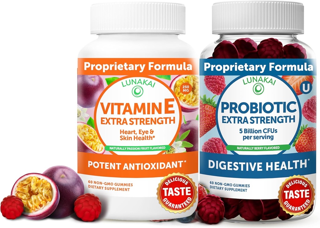 Lunakai 비타민 E 및 Probiotic Gummies 번들 - 성인 에너지 지원을위한 3000 mcg Gummies - 소화 건강에 대한 서빙 당 5 억 CFUs와 - Non-GMO, 모든 자연