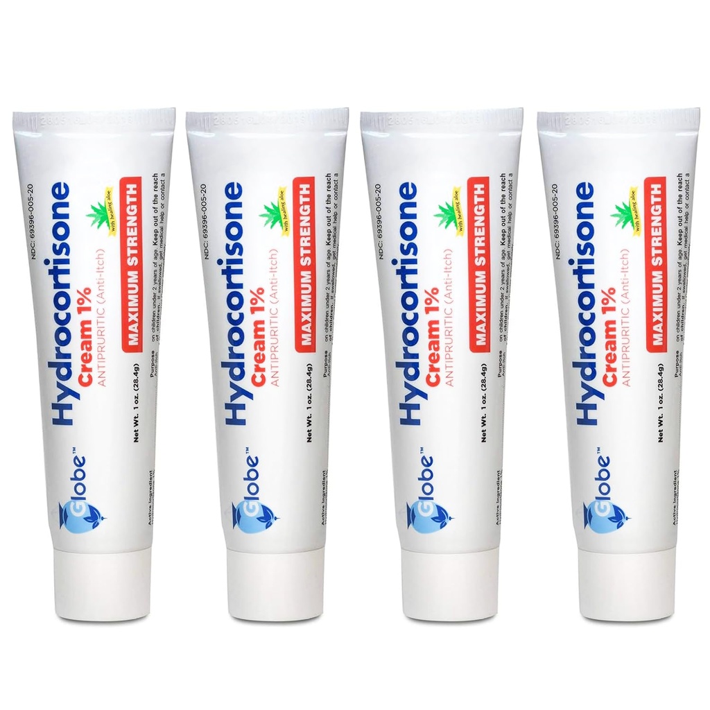 지구 (4 팩) Hydrocortisone 최대 힘 반대로 Itch 크림 1% w/Aloe의 Redness, Rash, 벌레 & 모기 조금, Eczema, 치질, 과민한 피부, 즉시 Itch, 1개 oz 관을 위한 집중 공식