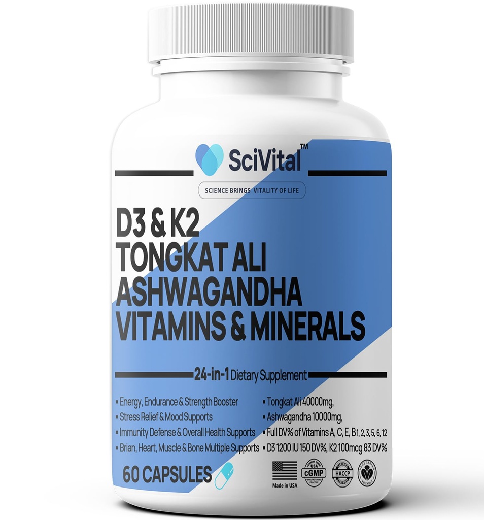 Ashwagandha 10000mg Tongkat Ali 40000mg 보충 Multivitamin D3 K2 - 남자의 건강 & 스트레스, 무드, 에너지, 내구시간 지원 - Ashwagandha 캡슐 Tongkat Ali for Men 미국 - 60 조사