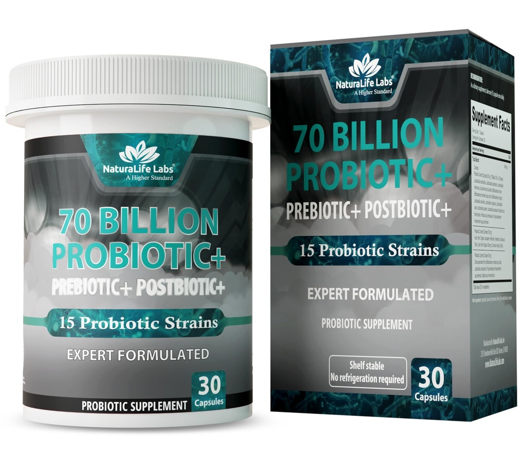NaturaLife Labs Probiotics 70 억 CFU - 유기 Prebiotic & Postbiotic가있는 15 Strains - 3-in-1 Formula - 30 Vegan 캡슐