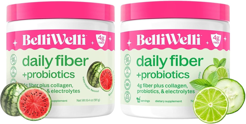 Belli Welli 매일 섬유 보충교재 뭉치 - Cucumber Lime Mint & Watermelon - 교원질과 더불어, Probiotics & Electrolytes - 웰니스 풍미, 32 총 서빙