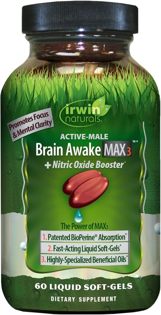 Irwin 자연적인 두뇌 Awake Max3 + Nitric 산화물 승압기 60 액체 Softgel