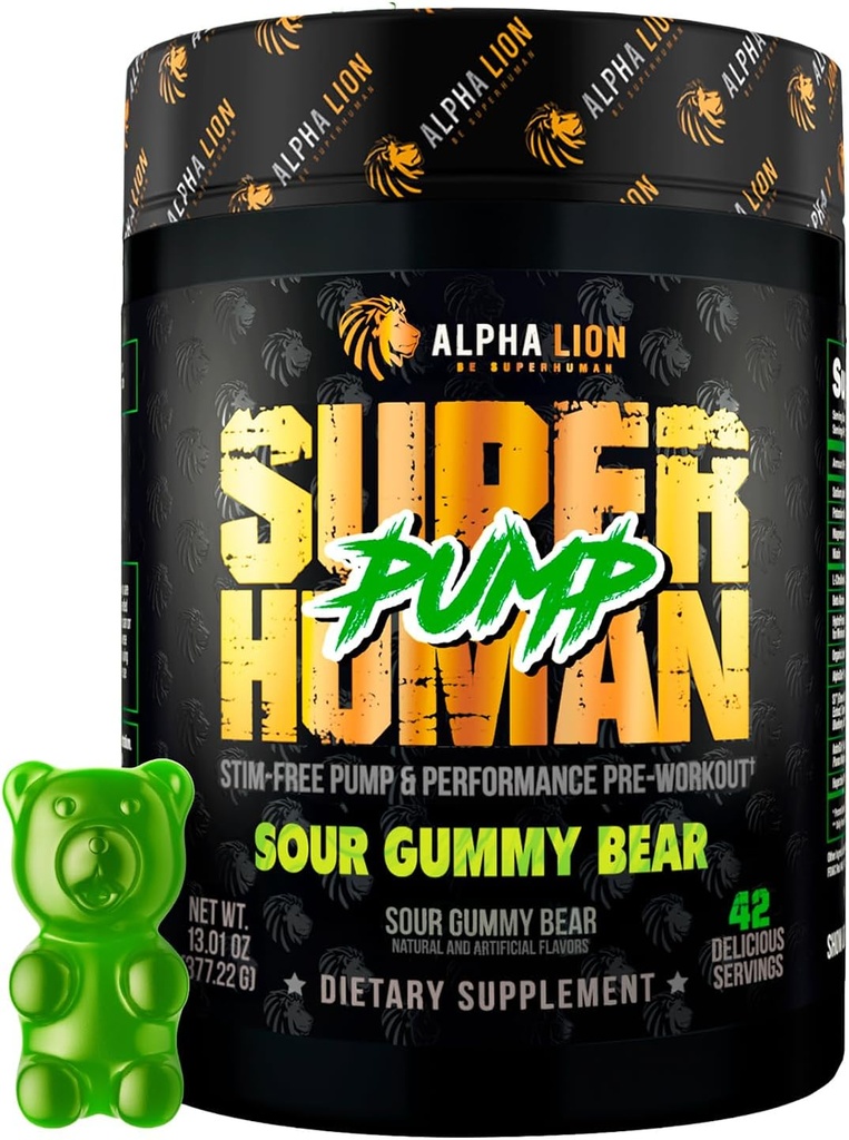 ALPHA LION Superhuman 펌프 전 운동 분말, Nootropic Caffeine & Stim 자유로운 운동 보충교재, Nitric 산화물 승압기, 근육 게인, 에너지 & 초점 (42의 서빙, Sour Gummy 곰)