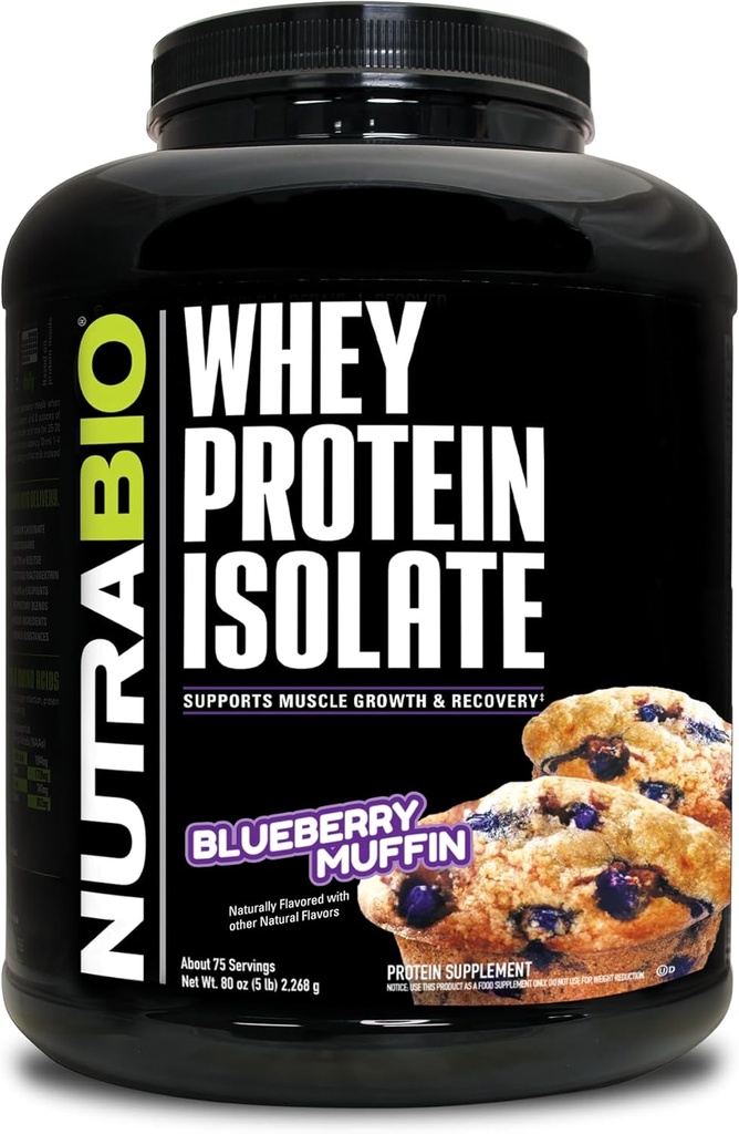 NutraBio 100 % Whey Protein Isolate Protein Powder - 25g Protein with Complete Amino Acid Profile, Non-GMO, Soy 및 Gluten Free, Low Carb 및 Low Calorie Whey Protein Powder - Blueberry Muffin - 5 Lbs.