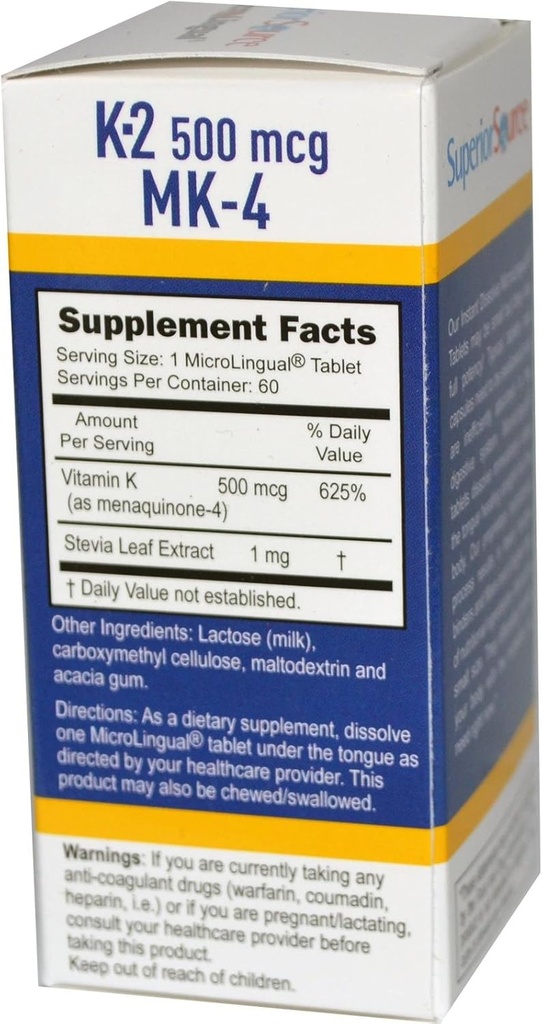 우수한 근원 비타민 K-2 500 mcg (MK-4) 60 이하 언어 정제