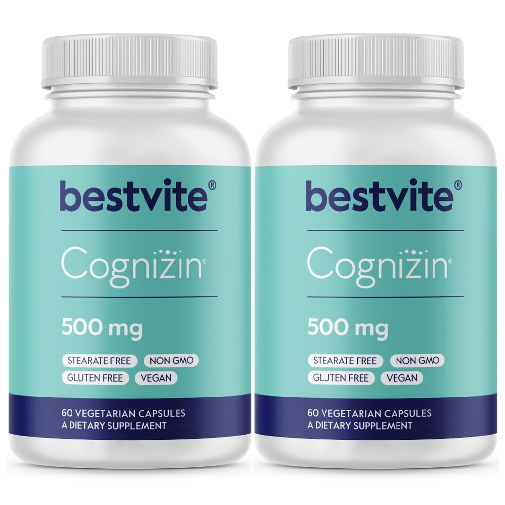 BestVITE Cognizin Citicoline 500mg (120 채식 캡슐) (60x2) - 임상적으로 Studied Premium Choline Nootropic - Stearates 없음 - Vegan - Gluten Free - 기억 및 초점을위한 두뇌 보충제