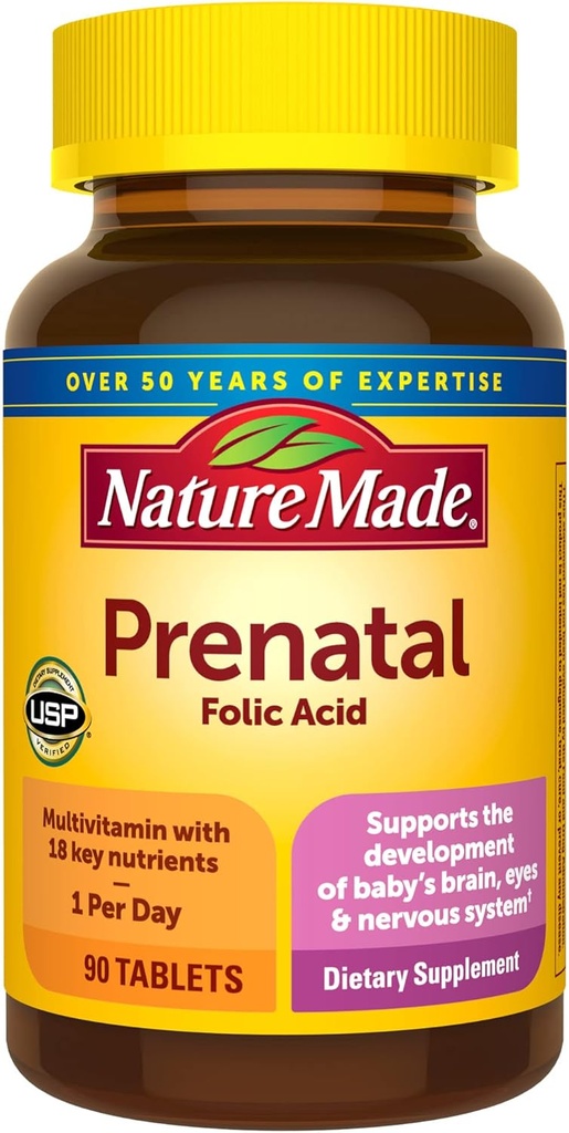 Nature Made Prenatal Multivitamin with Folic Acid, Prenatal Vitamin and Mineral Supplement for Daily Nutritional Support, 90 정제, 90 일 공급