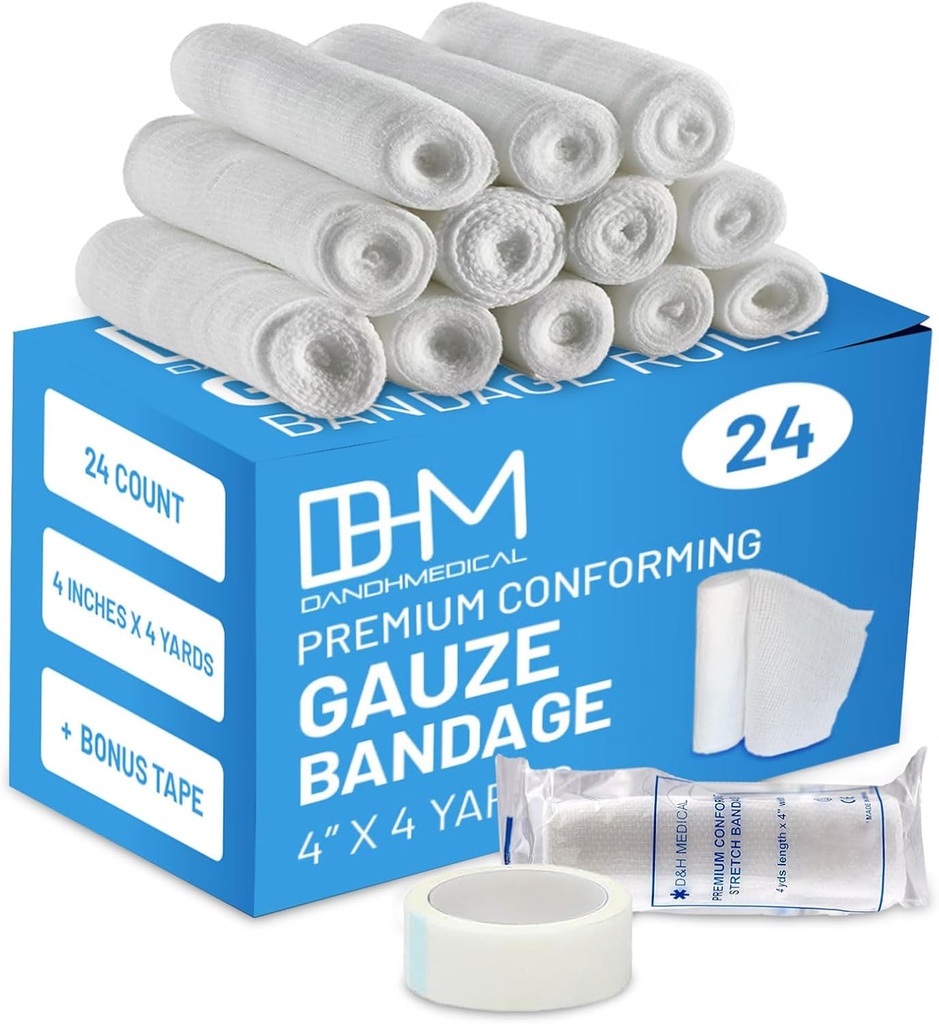 24 Gauze Bandage Roll 4 인치 x 4 야드의 D & H 의료 팩 - 부상 치료를위한 의료 가제 랩 - 손 랩 드레싱 발목 및 무릎을 드레싱하기위한 코튼 가제 롤을 사용하기 쉬운