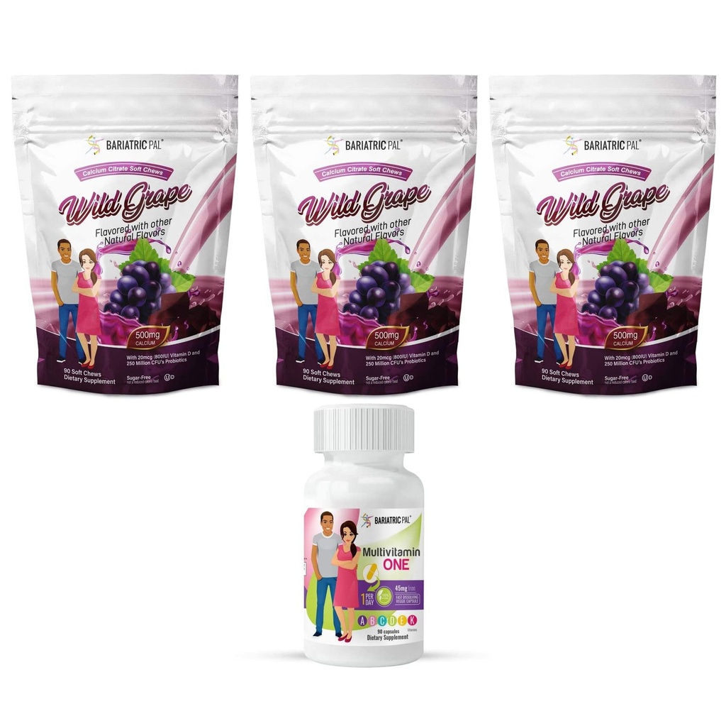 BariatricPal 90 일 Bariatric 비타민 뭉치 (일 당 Multivitamin 하나 1! 45mg 철과 칼슘 시트레이트 소프트 체스 500mg Probiotics - 와일드 포도)