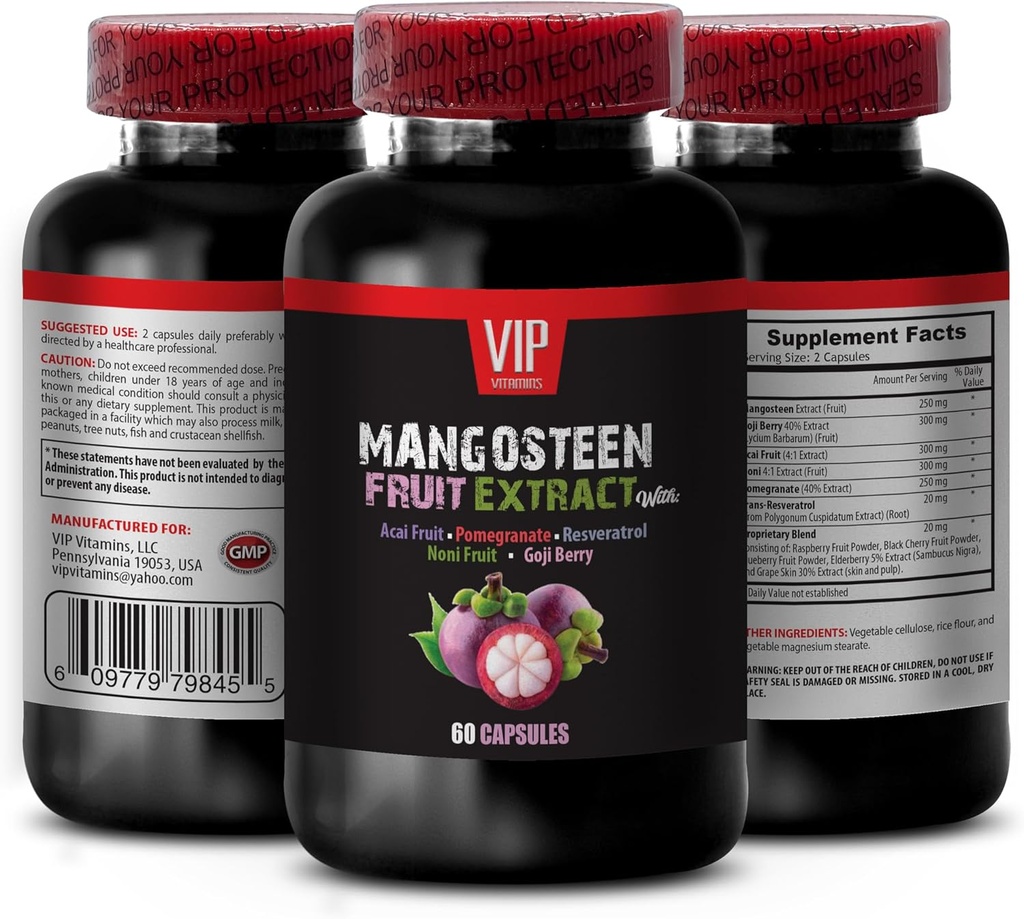 뇌와 기억력 향상 - ACAI FRUIT, POMEGRANATE, RESVERATROL, NONI FRUIT, GOJI BERRY, Mangosteen 보충, 여성용 산화 방지제 보충, 1 병 60 모자