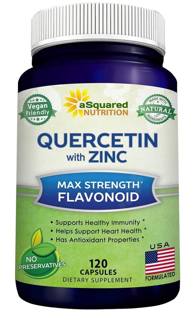 아연 보충교재를 가진 aSquared 영양 Quercetin 1000mg - 120의 캡슐 - 까만 Elderberry & 아연을 가진 Quercetin Dihydrate - Immune 응답을 개량하는 최대 힘 분말 복잡한 알약