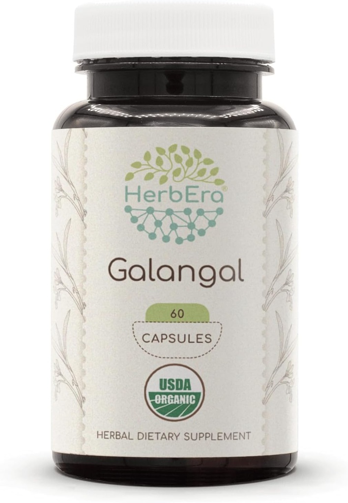 HerbEra Galangal USDA 유기 60 캡슐 | 천연 초본 보충 | 인증 유기농 채식 캡슐 및 유기 갈랑알 (Alpinia Galangal) 건조 뿌리 (60 캡슐)