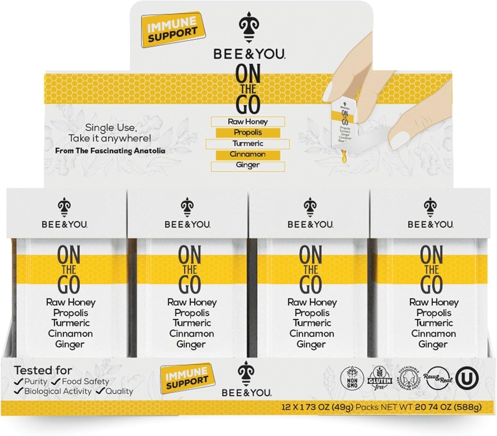 꿀벌과 당신 이동, 면역 지원 보충교재, 익지않는 꿀, Propolis, Turmeric, Cinnamon, Ginger, Superfrood, 아이와 성인, 12 팩, 1.73 oz를 위한 중대한 타오르는,