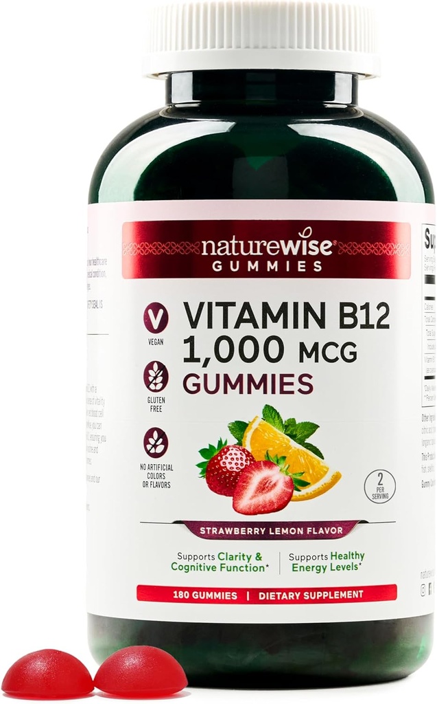 NatureWise Vitamin B12 Gummies for Adults, 1000 mcg - 딸기 레몬 맛 - 매일 에너지, 정신적 명확성,인지 기능 지원 - Vegan, 글루텐 프리, 비 GMO - 180 Count[3-Month Supply]