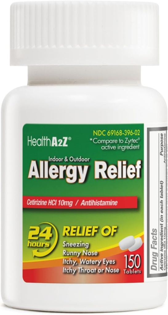 HealthA2Z® 알레르기 완화 | Cetirizine 10mg | All Day Allergy Relief | 실내 및 실외 | Itchy Throat, Sneezing, Runny Noses (150 개)의 구호