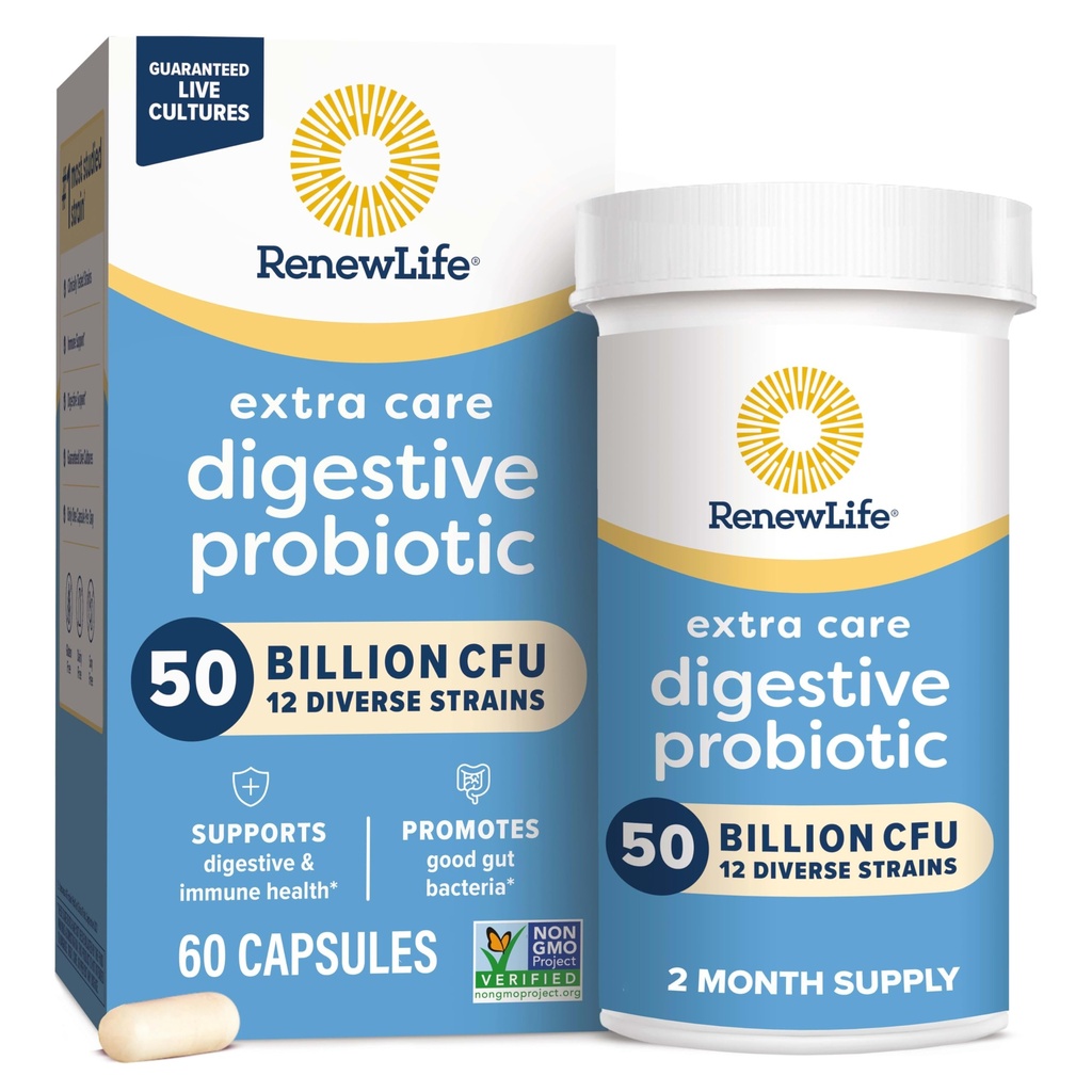 갱신 생활 여분 배려 소화 Probiotic 캡슐, 보장되는 50억 CFU, 매일 보충교재 지원 면역, 소화, 호흡 건강 (1), L. Rhamnosus GG, 낙농장, 간장 및 글루텐 자유로운, 60 조사