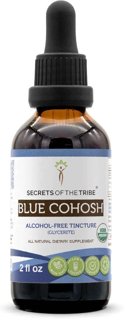 Tribe Blue Cohosh USDA Organic Alcohol-Free Tincture (Glycerite) 책임감있게 농업 된 Blue Cohosh (Caulophyllum Thalictroides) 건조 된 루트 (2 Fl Oz) 여성 건강 보충