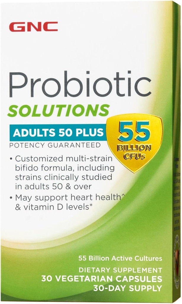 GNC Probiotic Solutions 성인, 성인 50 + 용 맞춤형 채식 공식, 소화 및 면역 건강 지원, 30 캡슐