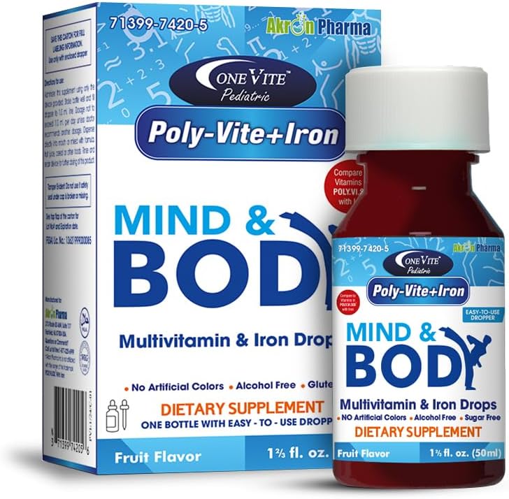 Poly-Vite+Iron Multivitamin Iron Drops for Infants & Toddlers – 강력한 성장, 뇌 개발, 면역 건강 지원 – 인공 색상 없음, 글루텐 무료, 50mL Dropper Bottle by One Vite