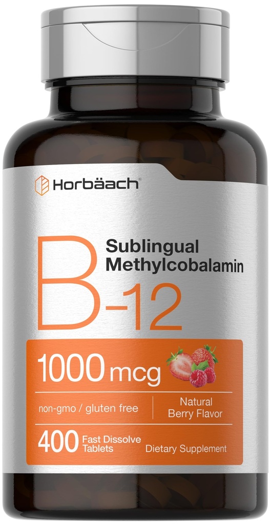 Horbaach Vitamin B12 1000 mcg 하위 언어 | 400 빠른 용해 정제 | 여성과 남성을위한 Methylcobalamin 보충 | 베리 맛 | Vegan, Non-GMO 및 글루텐 무료